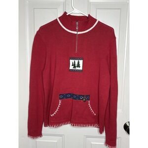 Breckenridge Sweater Womens Large Red Mock Neck 1/4 Zip Pockets Embroidered Bear